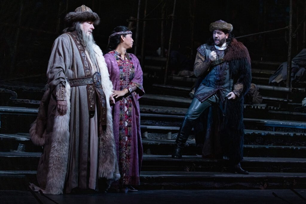 4 James Morris as Timur, Gabriella Reyes as Liù, and Yusif Eyvazov as Calàf in Puccini's Turandot. Photo Evan Zimmerman Met Opera TURANDOT at the MET